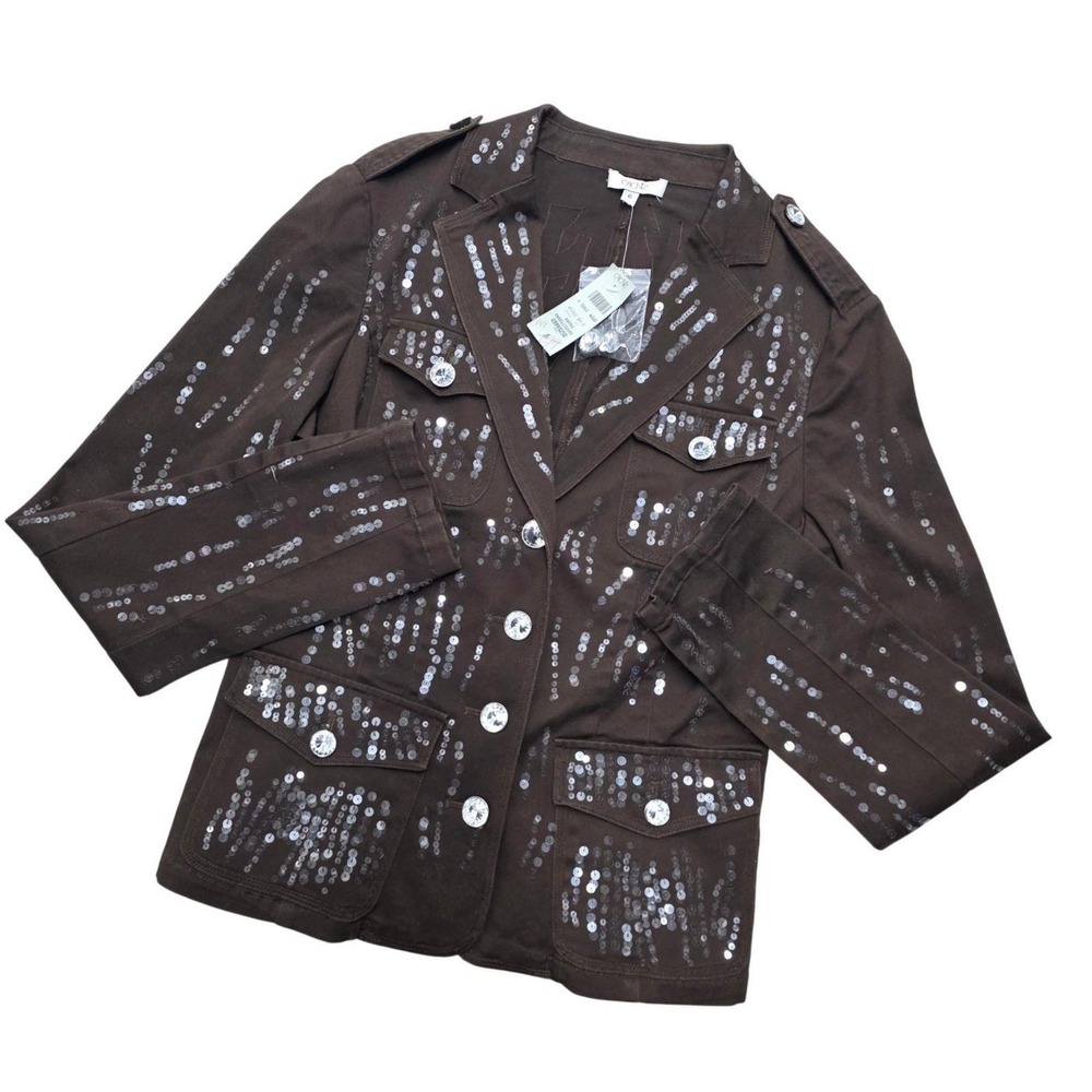 Cache Espresso Brown Sequin Military Utility Jacket Crystal Buttons NWT 6